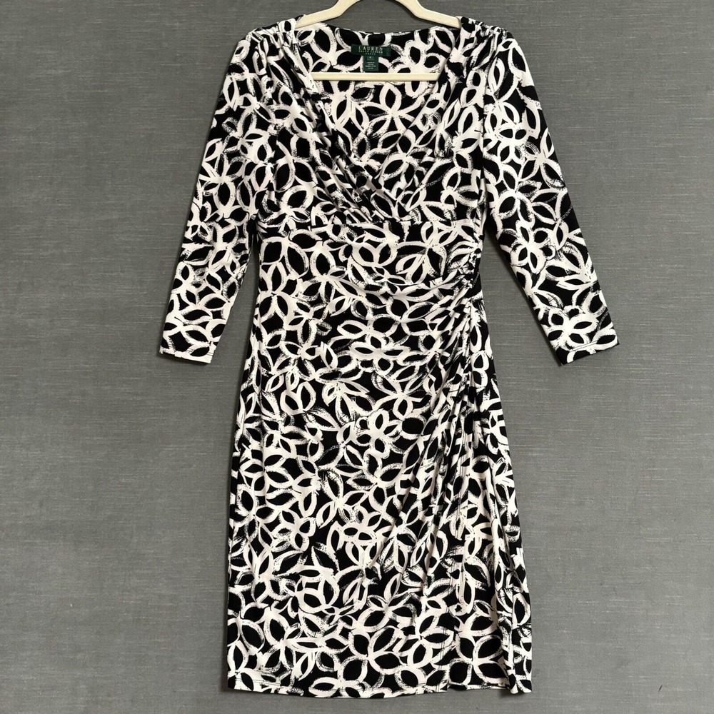 Lauren Ralph Lauren Dress 4 Sheath Black White Faux Wrap Ruched Cocktail‎ Career